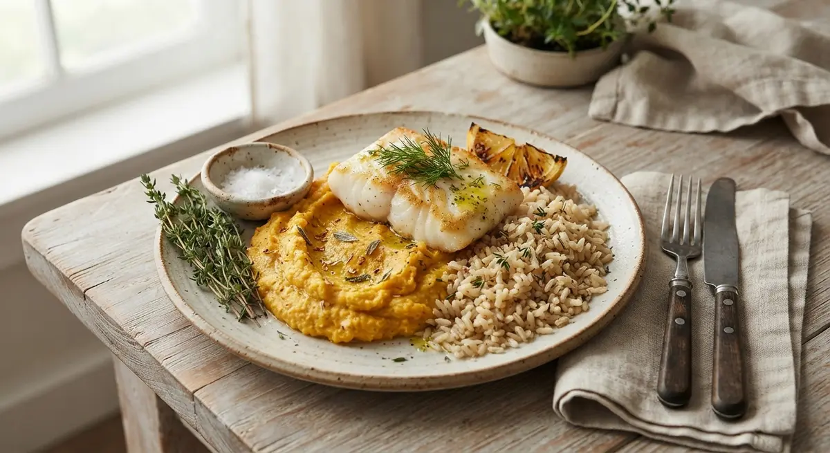 Cod Red Kuri Squash Mash Brown Rice
